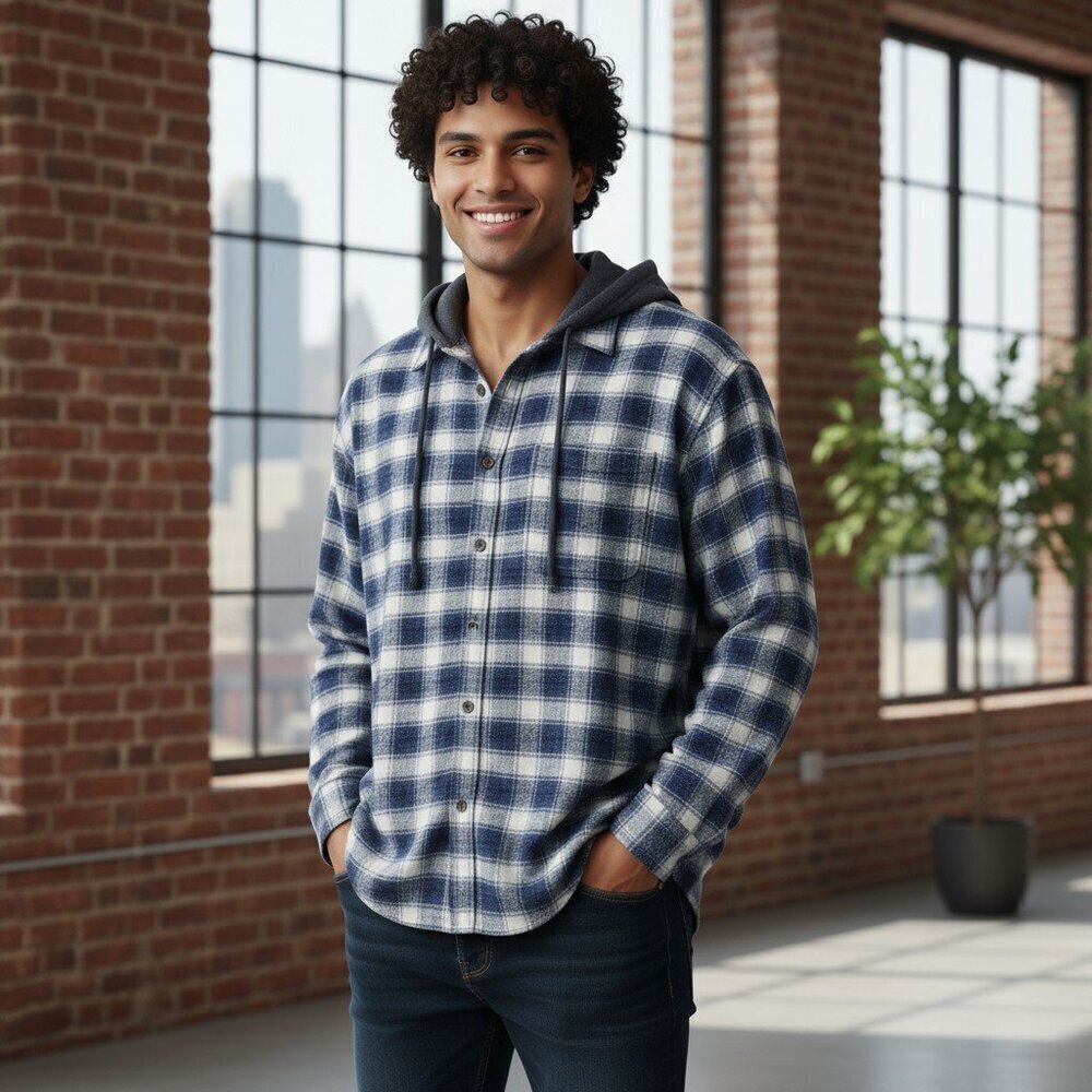 AMERICAN EAGLE Flannel Plaid Hoodie Mens Soft Relaxed Button down